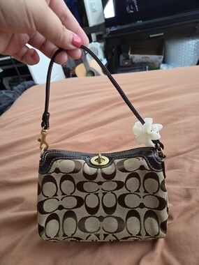 Coach Brown Signature Y2K Canvas Shoulder Bag with Floral Charm